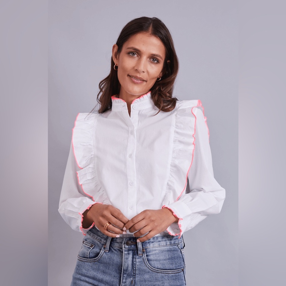 GUSSY & LOU | White Ruffle Blouse with Neon Pink Details